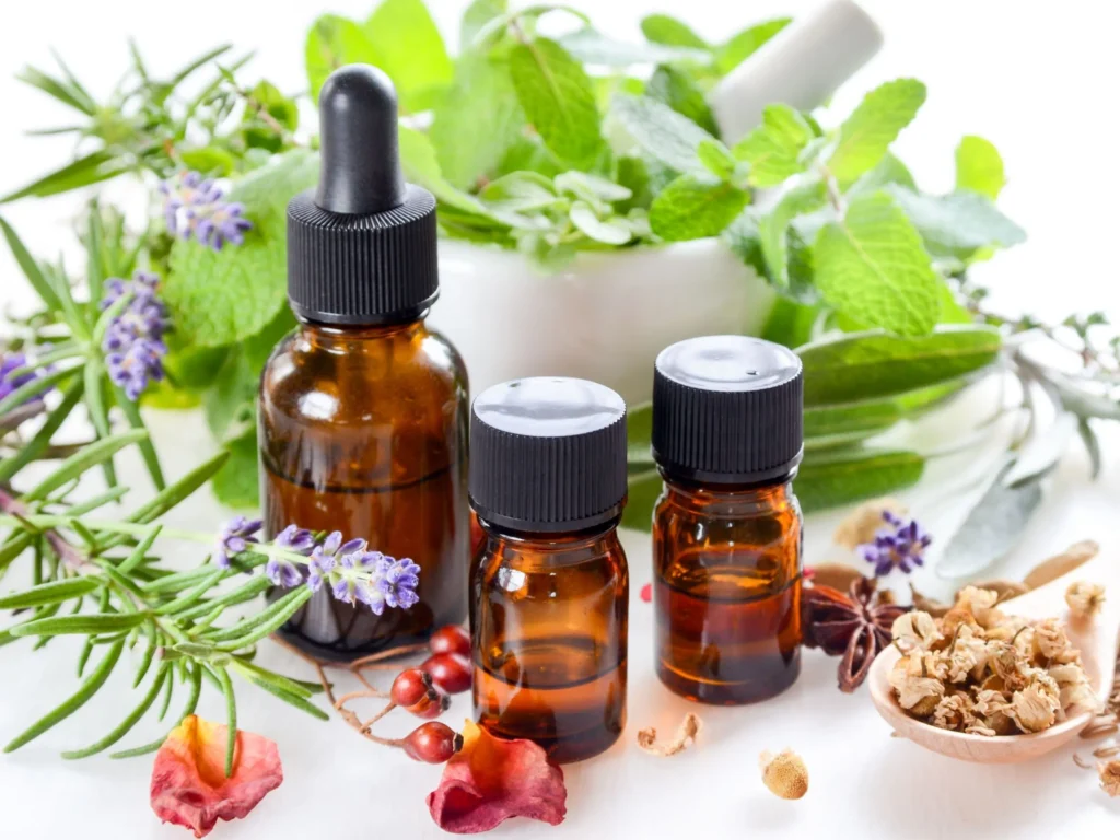 essential-oil-herbs-massage-pinkladykl Bottles of essential oils and fresh herbs used in PinkLady KL massage aromatherapy sessions